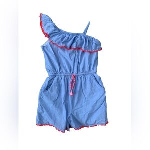 Mini Boden Size 13-14 Blue One Shoulder Romper with Neon Pom Pom Trim